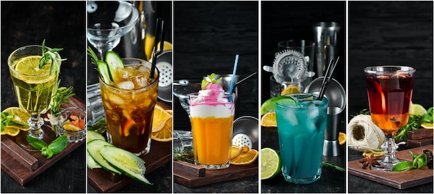 Zdjęcie kolaż zdjęć kolorowe koktajle i napoje alkoholowe widok z góry