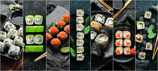 Kolaż Zdjęć Pyszne Sushi I Sos Japońska Kuchnia Tradycyjna