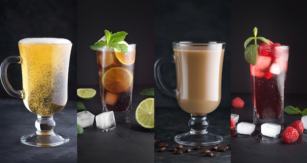Zdjęcie kolaż zdjęć różnych napojów bezalkoholowych ciemnych i w tle napoje bezalkoholowe koktajl