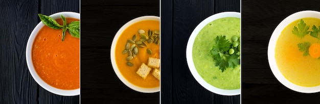 Kolaż żywności różnych rodzajów zup na czarnym tle Widok z góry
