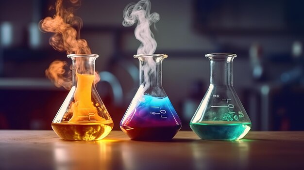 Zdjęcie kolby chemiczne z kolorowymi płynami