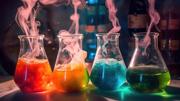 Zdjęcie kolby chemiczne z kolorowymi płynami