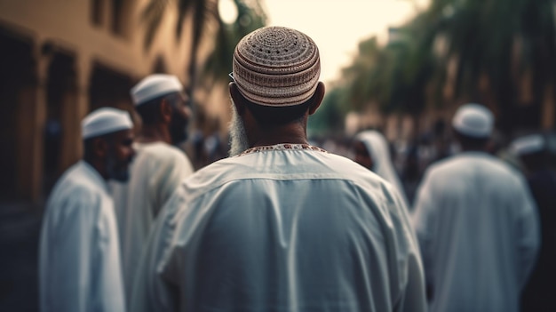 Kolejka mężczyzn w kapeluszach stoi w kolejce przed meczetem