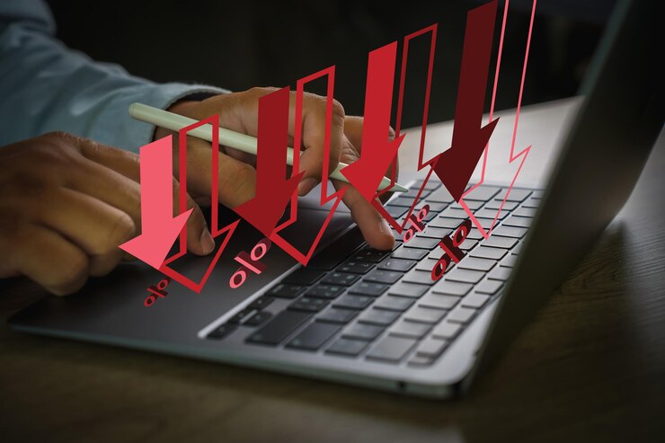 Zdjęcie kolejna recesja kolejna porażka laptop wyświetlający wykres biznesowy osoba pracująca nad technologią analizy danych i finansami koncepcja recesji