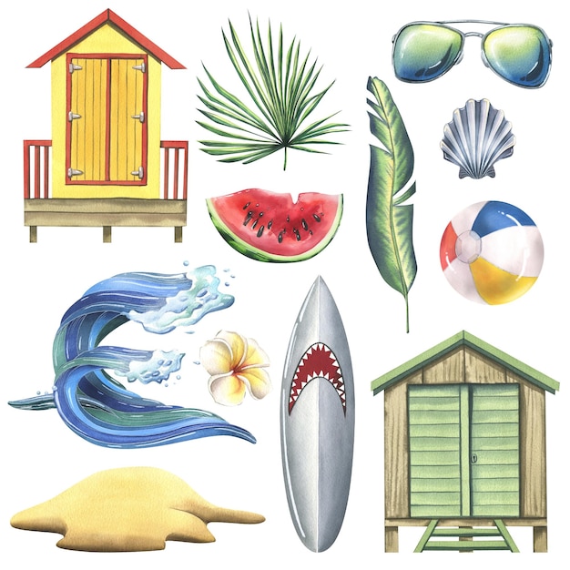 Kolekcja akcesoriów plażowych lato jasne dla relaksu i rozrywki Akwarela ilustracja ręcznie rysowane Zestaw izolowanych obiektów na białym tle
