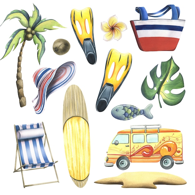 Kolekcja akcesoriów plażowych lato jasne dla relaksu i rozrywki Akwarela ilustracja ręcznie rysowane Zestaw izolowanych obiektów na białym tle
