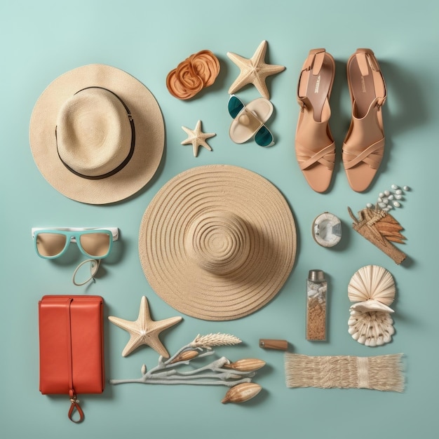 Kolekcja akcesoriów plażowych, w tym kapelusz, okulary przeciwsłoneczne, rozgwiazda i kapelusz.