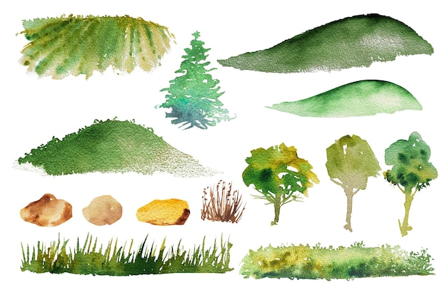 Kolekcja akwareli zielone drzewa kamienie trawa projekt krajobrazu ręcznie narysowane drzewa ilustracja leśna