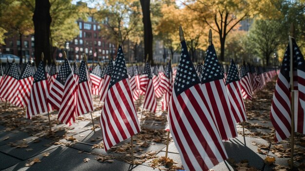 Kolekcja amerykańskich flag jest wyświetlana na chodniku.