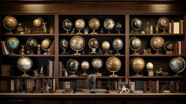 Kolekcja antycznych globusów w gabinecie lub bibliotece wygenerowana przez sztuczną inteligencję