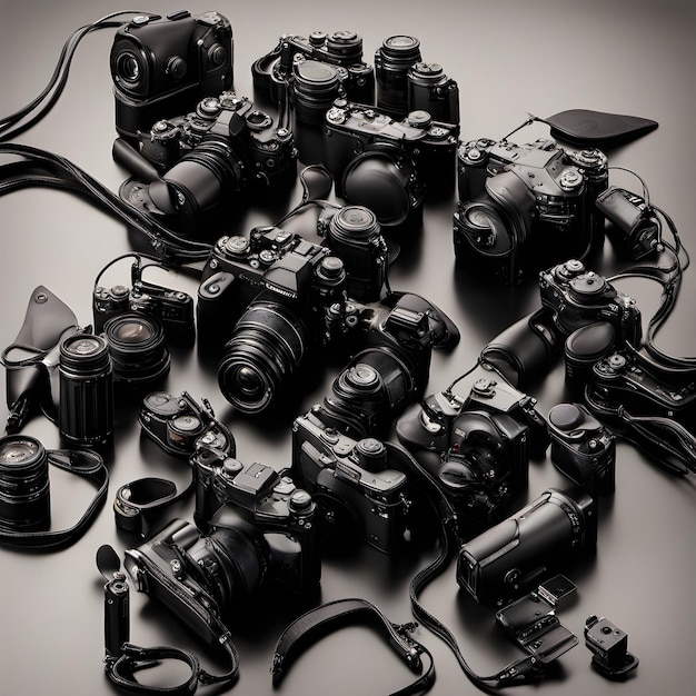 Kolekcja aparatów cyfrowych i obiektywów w kreatywny sposób, aby uczcić światowy dzień fotografii w tle