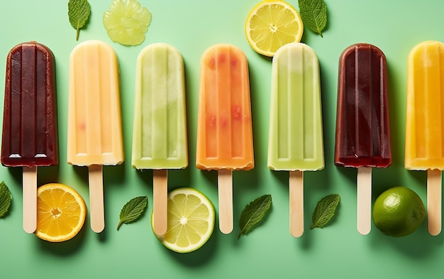 Zdjęcie kolekcja assorted fruit popsicles na generatywnej sztucznej inteligencji stick