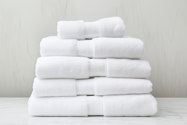Kolekcja białych ręczników frotte starannie ułożonych na białym tle miękkich ręczników kąpielowych ele