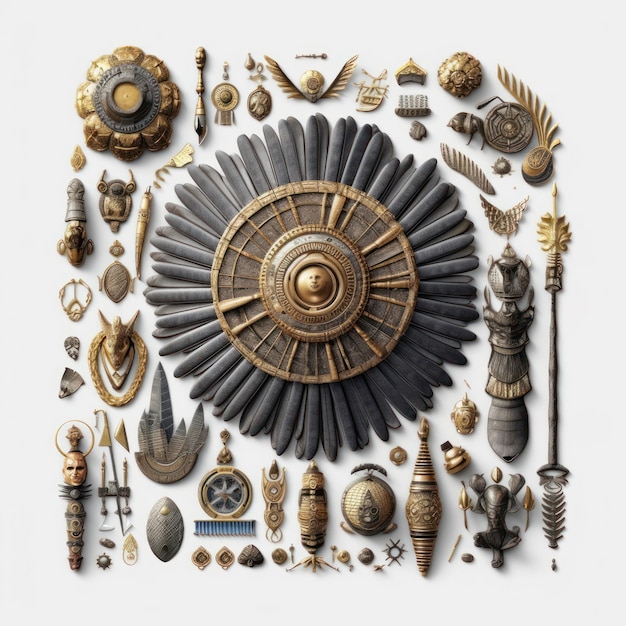 Kolekcja broni antycznej oraz tarcza z tarczą i tarcza z koroną oraz tarcza z cyframi rzymskimi.