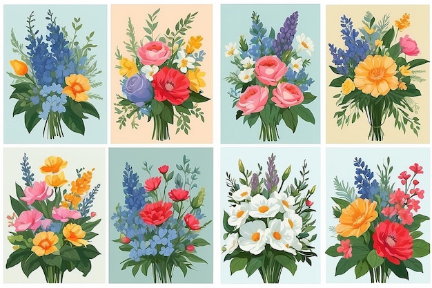 Kolekcja bukietów Kolorowe ilustracje kwiatowe na okładki i grafiki