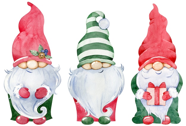 Kolekcja Cute Little Christmas Gnome. Akwarela zestaw noworocznych krasnali z prezentami w kolorowe zielone i czerwone długie kapelusze na białym tle na białym tle.