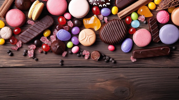 Kolekcja czekoladek i cukierków na drewnianym stole