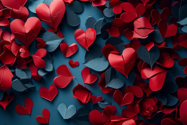 Kolekcja czerwonych serc na niebieskim tle