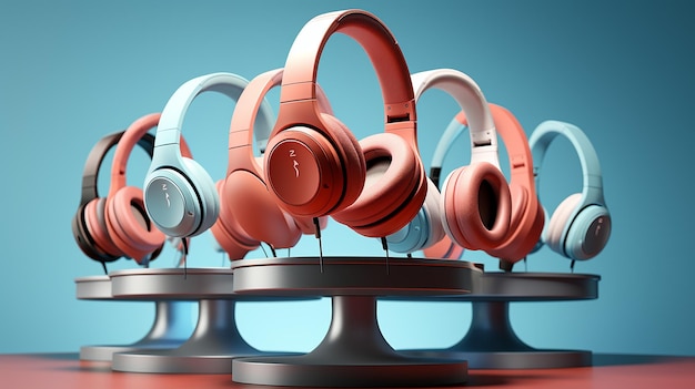 Kolekcja czerwonych słuchawek bezprzewodowych na jasnoniebieskim tle