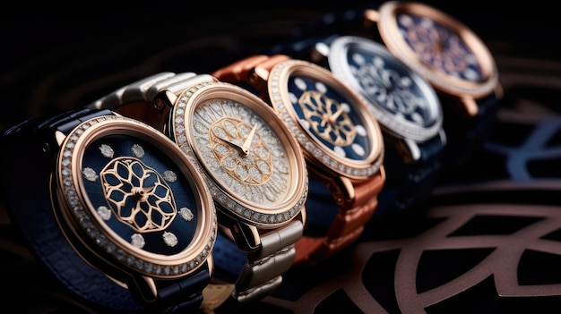 Zdjęcie kolekcja czterech zegarków kobiecych podkreślających ich diamentowy projekt siatki elegancki wygląd i skrupulatne szczegóły na białym tle