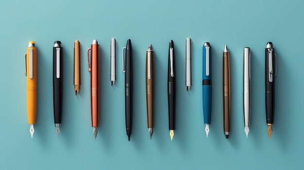Kolekcja długopisów jest ustawiona na niebieskim tle.
