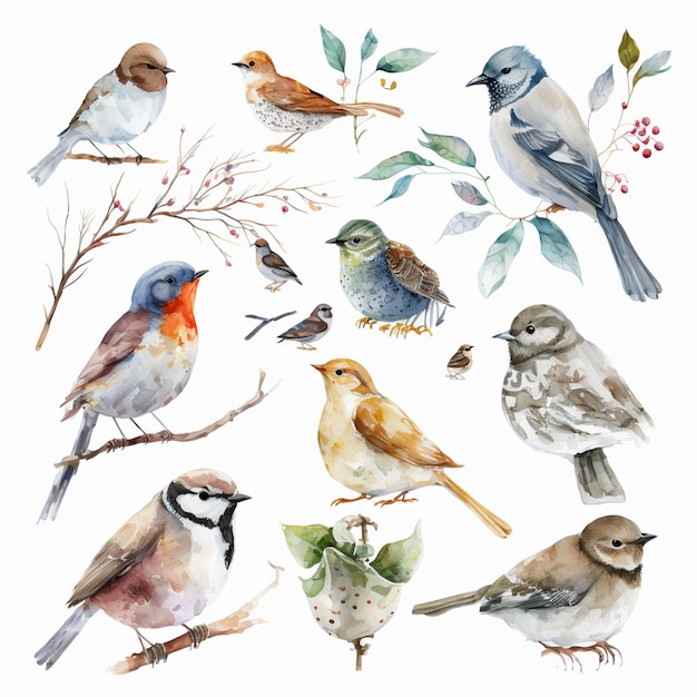 Kolekcja dość delikatnych ptaków akwarelowych Każdy ptak to inny rodzaj generatywnej sztucznej inteligencji