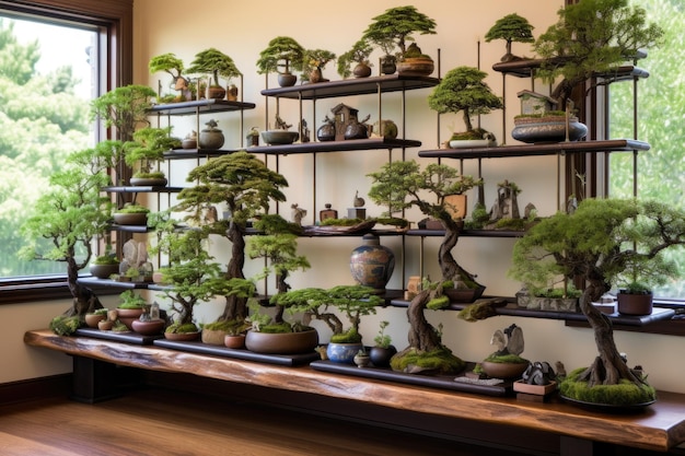 Kolekcja drzew bonsai wystawiona na warstwowych półkach stworzonych za pomocą generatywnej AI