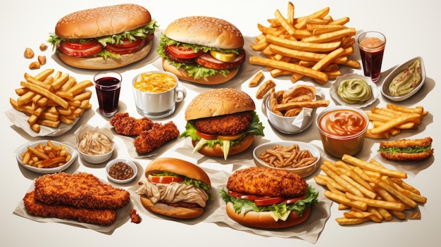 Kolekcja fast foodów zestaw izolowany na białym tle smażony kurczak frytki hamburger indyjski hotdog kanapka kurczak nuggets shawarma śmieciowe jedzenie fast foodów
