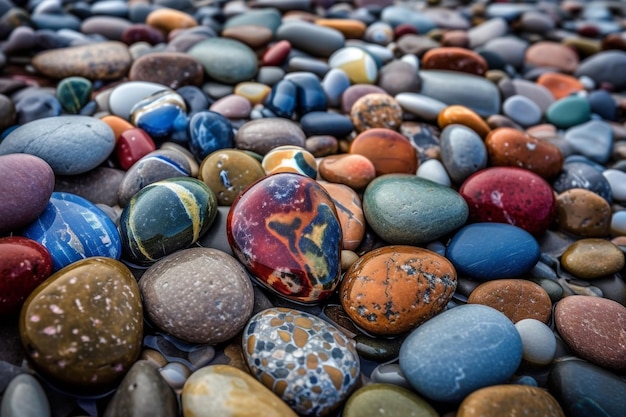 Kolekcja kolorowych kamyczków na plaży