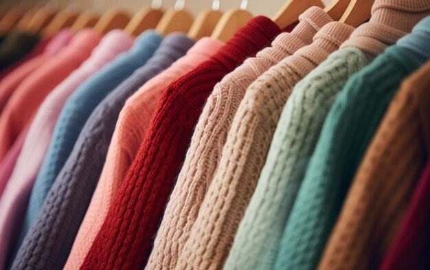Kolekcja kolorowych swetrów wiszących w porządnym rzędzie na metalowym stojaku