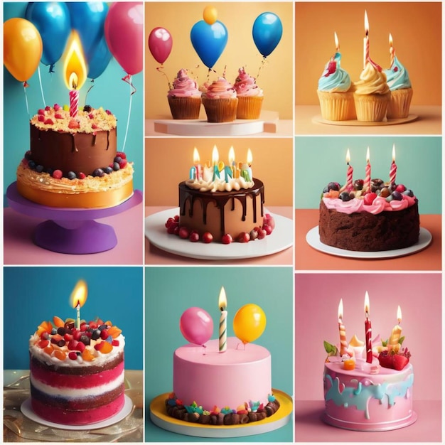 Kolekcja kolorowych tortów urodzinowych z zapalonymi świeczkami i balonami