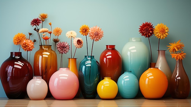 Kolekcja kolorowych wazonów, w tym jeden z numerem 10