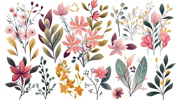 Kolekcja kolorowych wiosennych kwiatów z kwiatowymi oddziałami liści i liści Pojedynczo na białym tle Generative AI