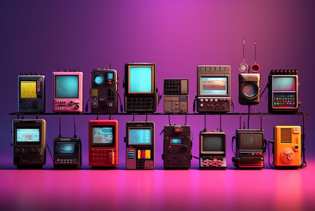 Kolekcja konsol do gier zaaranżowana jest na fioletowym tle w stylu nostalgicznych scen i kolorowej estetyki vintage