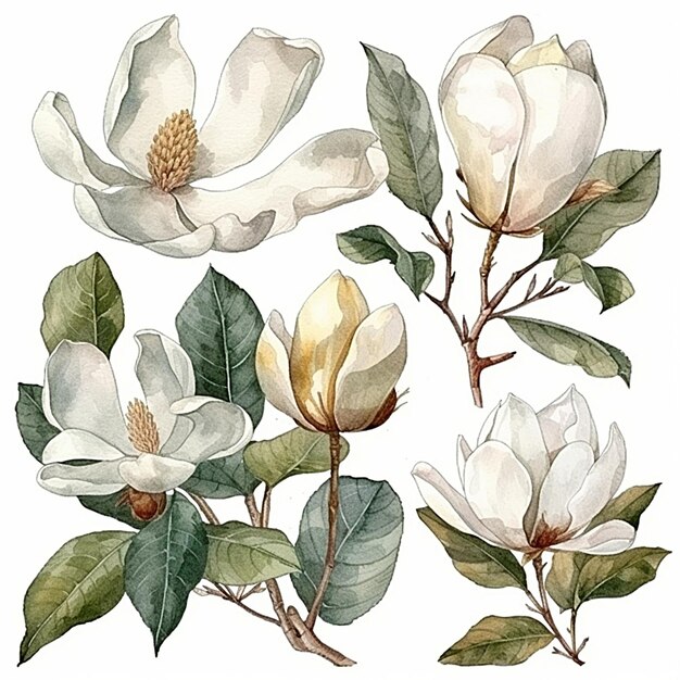 Kolekcja liści i kwiatów magnolii akwarelowej