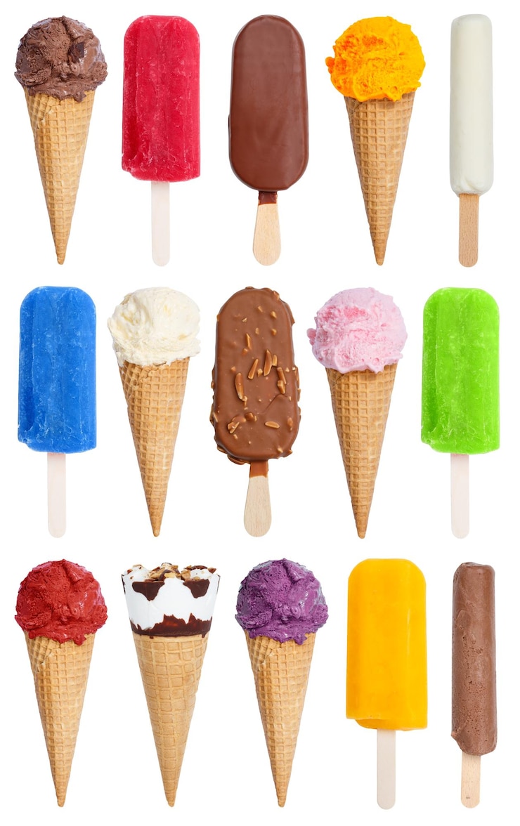 Zdjęcie kolekcja lody lody lody portret formatu odmian kij na białym tle