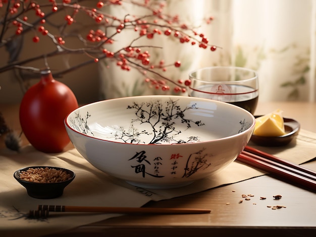 Zdjęcie kolekcja makiety miski ryżowej z czerwonymi pałeczkami do jedzenia i chińską kaligrafią kreatywne pomysły projektowe