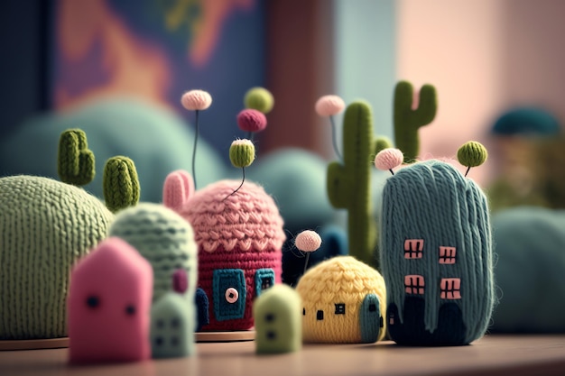 Kolekcja malutkich domów siedzi na stole z kaktusami i kaktusami.
