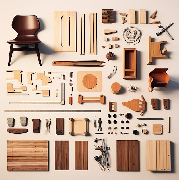 Zdjęcie kolekcja mebli drewnianych, w tym taki, na którym widnieje słowo „drewno”.