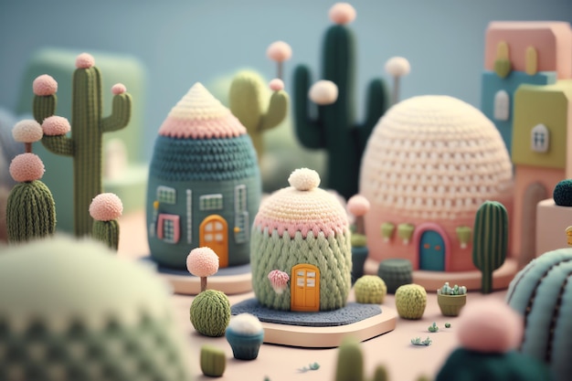 Kolekcja miniaturowych domków na kaktusowym tle.