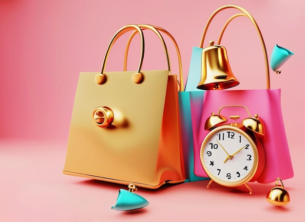 Kolekcja motywów zakupowych, w tym pływająca torba na zakupy w pudełku i budzik z podwójnym dzwonkiem na różowym tle