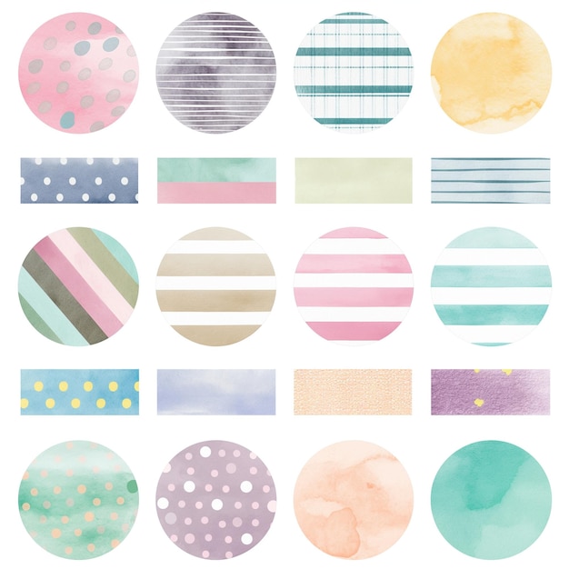 Zdjęcie kolekcja naklejek z akwarelowymi kręgami z różnymi prostymi wzorami w pastelowych kolorach