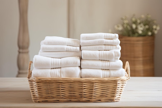 Kolekcja nieskazitelnie białych ręczników ułożonych starannie w plecionym koszu