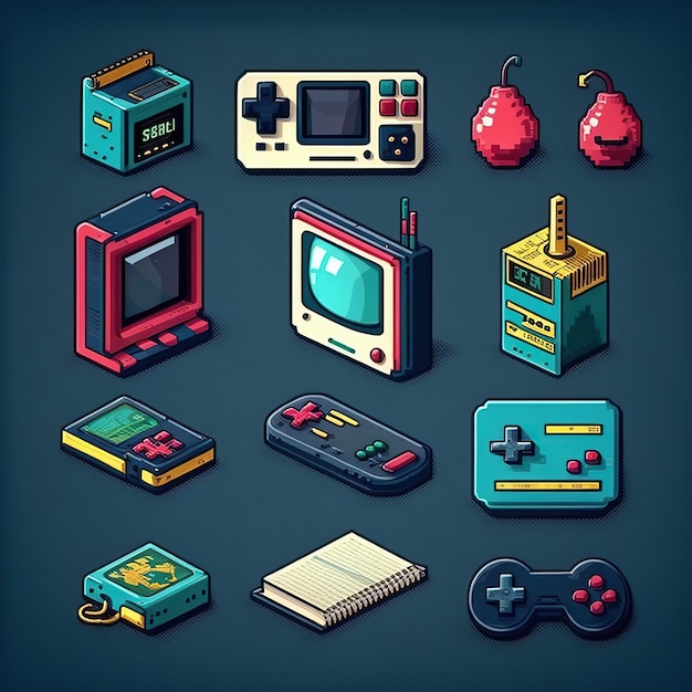 Kolekcja obiektów ikon Pixel Art 16 bitów 8 bitów