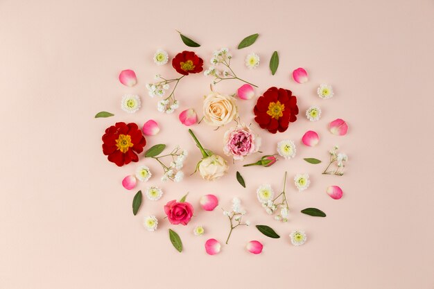 Zdjęcie kolekcja płaskich kwiatów świeckich na stole