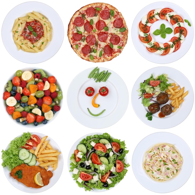 Kolekcja posiłków spożywczych z makaronem spaghetti do pizzy i mięsem