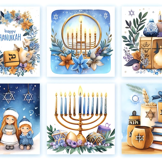 kolekcja postów akwarelowych na Instagramie na żydowskie święto Hanukkah