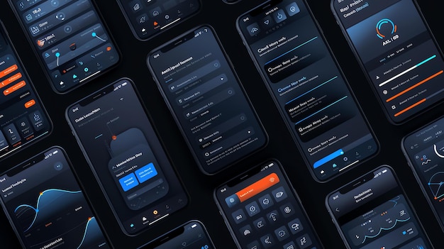 Zdjęcie kolekcja projektów interfejsu użytkownika mobilnego wszystkie projekty mają ciemny motyw i zawierają różnorodne układy i style