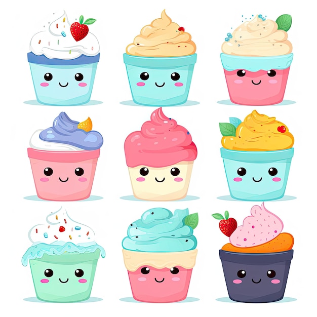 Zdjęcie kolekcja projektów kreskówek cupcake pakiet ilustracji cupcake z kolorowymi dodatkami tort urodzinowy pyszne z happy faces zestaw ilustracji cake ai generowane