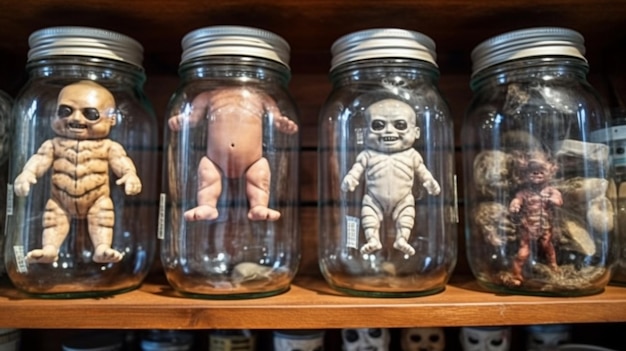 Kolekcja przerażających lalek jest na półce.